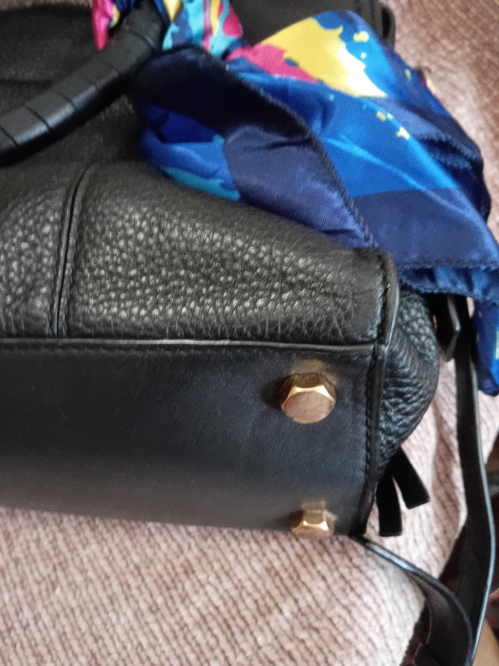 Rebecca Minkoff Black Pebbled Leather Satchel with Blue Multi-Color Scarf - Picture 15 of 16